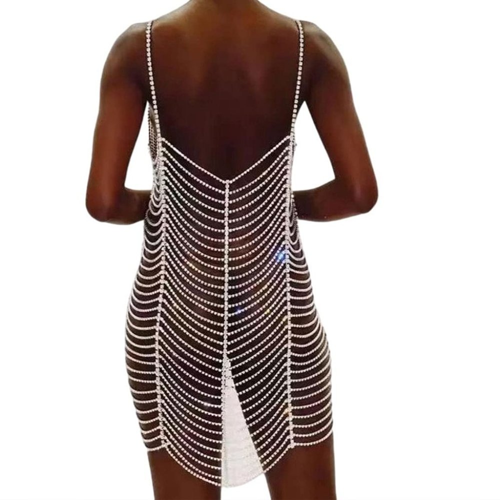 Rhinestone Bodysuit Dress Women Summer Bikini Body Chain Harness Body Jewelry - Picture 3 of 9